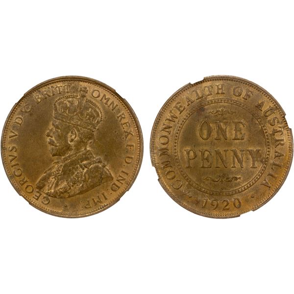AUSTRALIA: George V, 1910-1936, AE penny, 1920(s), NGC MS62 BN