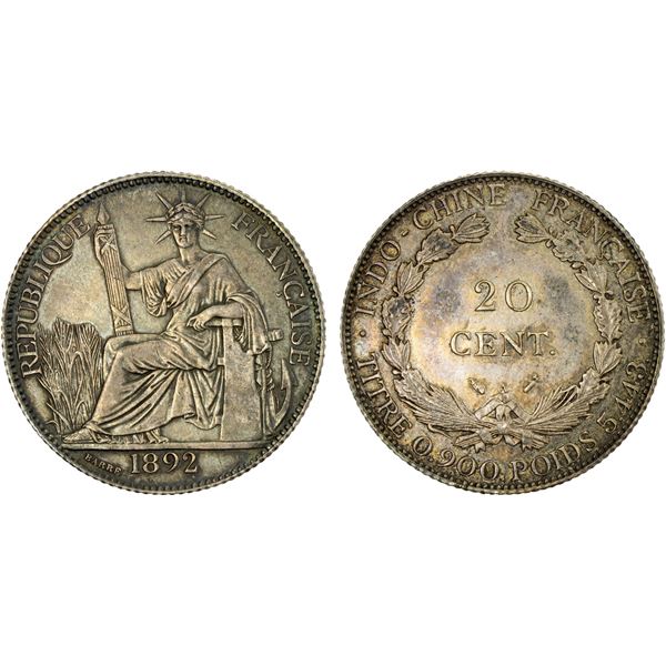 FRENCH INDOCHINA: AR 20 cents, 1892-A, EF-AU