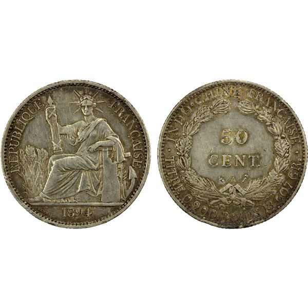 FRENCH INDOCHINA: AR 50 cents, 1894-A, VF-EF