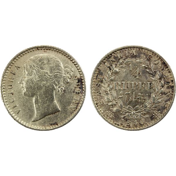 BRITISH INDIA: Victoria, Queen, 1837-1876, AR ¼ rupee, 1840 (c/b), VF
