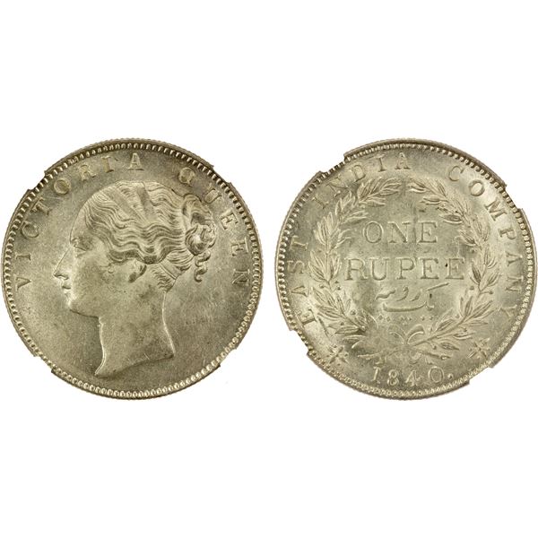 BRITISH INDIA: Victoria, Queen, 1837-1876, AR rupee, 1840(b), NGC MS62