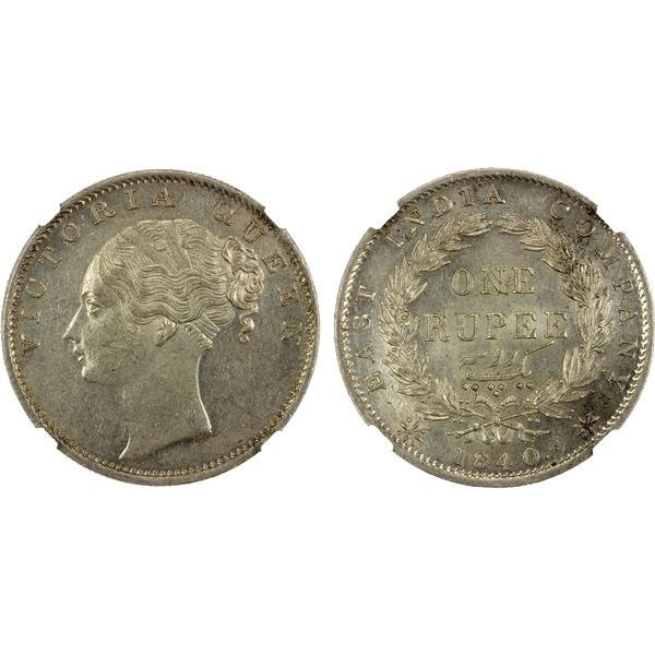 BRITISH INDIA: Victoria, Queen, 1837-1876, AR rupee, 1840(b), NGC MS61