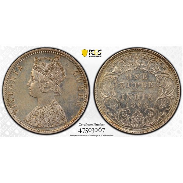 BRITISH INDIA: Victoria, Queen, 1837-1876, AR rupee, 1862(b), PCGS UNC details