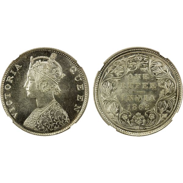 BRITISH INDIA: Victoria, Queen, 1837-1876, AR rupee, 1862(m), NGC MS63