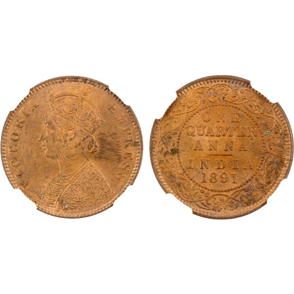 BRITISH INDIA: Victoria, Empress, 1876-1901, AE ¼ anna, 1891(c), NGC MS64 RB