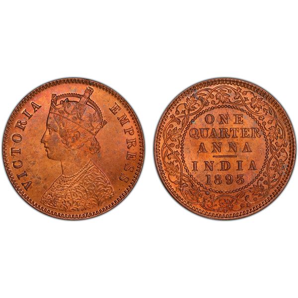 BRITISH INDIA: Victoria, Empress, 1876-1901, AE ¼ anna, 1893(c), PCGS MS65 RD