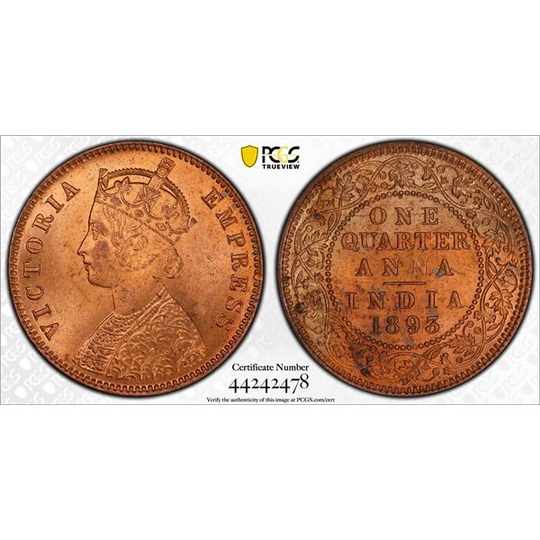 BRITISH INDIA: Victoria, Empress, 1876-1901, AE ¼ anna, 1893(c), PCGS MS64 RD