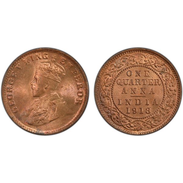 BRITISH INDIA: George V, 1910-1936, AE ¼ anna, 1918(c), PCGS MS66 RB