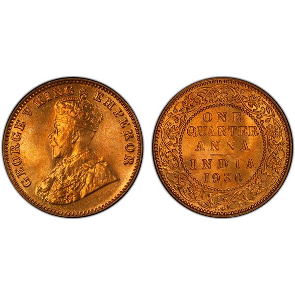 BRITISH INDIA: George V, 1910-1936, AE ¼ anna, 1930(b), PCGS MS67 RD