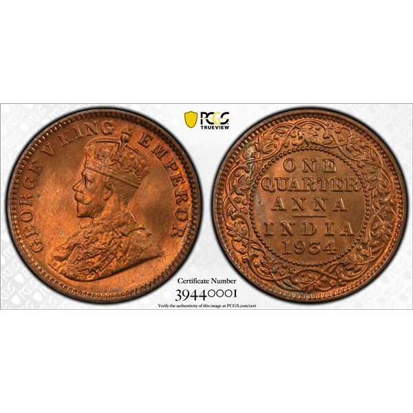 BRITISH INDIA: George V, 1910-1936, AE ¼ anna, 1934(c), PCGS MS66 RB