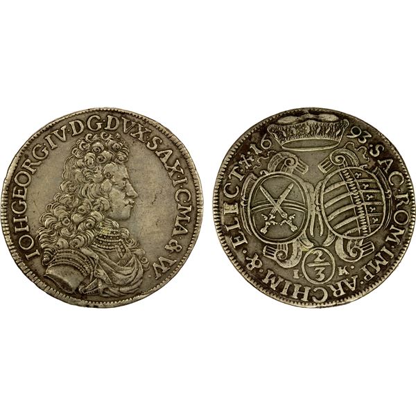 SAXONY: Johann Georg IV, 1691-1694, AR 2/3 thaler, 1693-IK, VF-EF