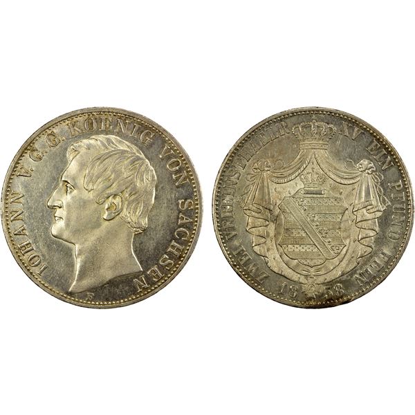 SAXONY: Johann, 1854-1873, AR 2 thaler, 1858, AU