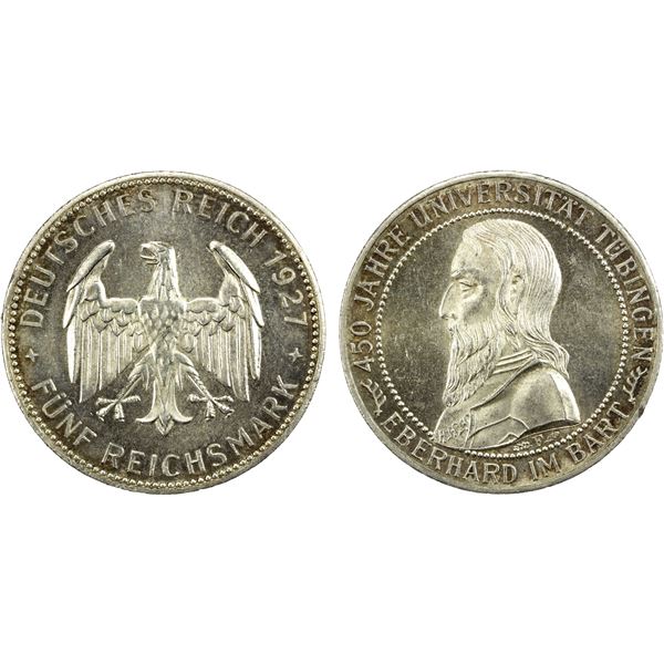GERMANY: Weimar Republic, AR 5 reichsmark, 1927-F, UNC