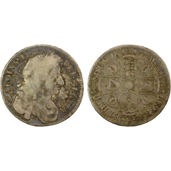 ENGLAND: Charles II, 1660-1685, AR 1/2 crown, 1677, VG