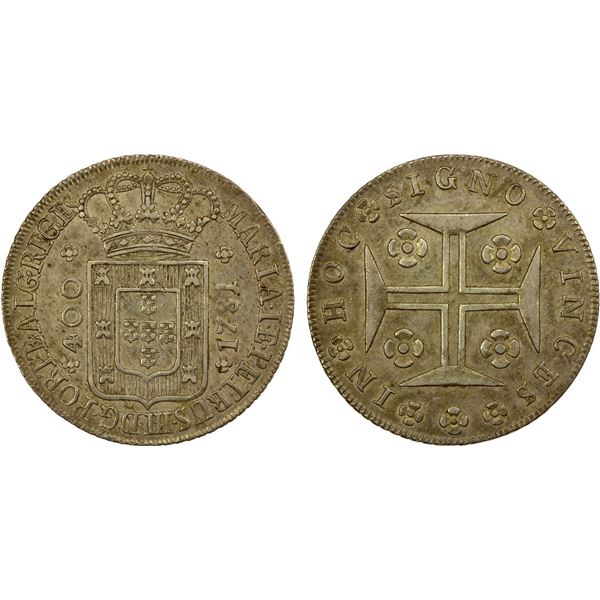 PORTUGAL: Maria I and Pedro III, 1777-1786, AR 400 reis, 1781, EF