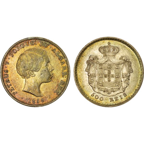 PORTUGAL: Pedro V, 1853-1861, AR 500 reis, 1854, EF-AU