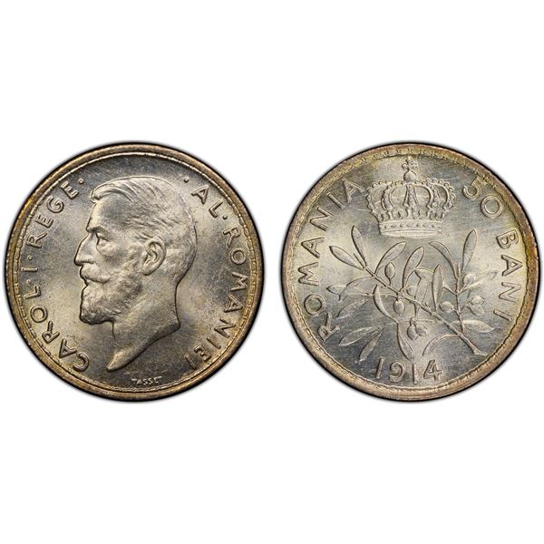 ROMANIA: Carol I, as King, 1881-1914, AR 50 bani, 1914, PCGS UNC details