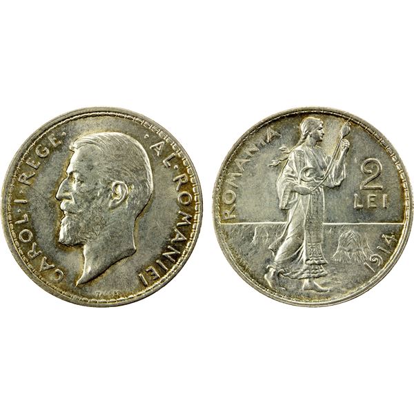 ROMANIA: Carol I, as King, 1881-1914, AR 2 lei, 1914, UNC