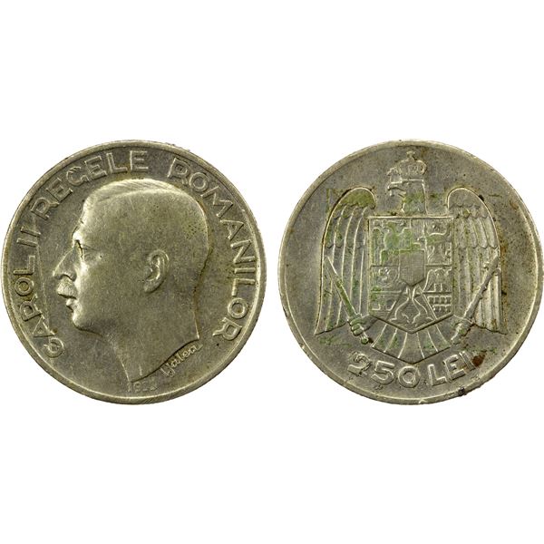 ROMANIA: Carol II, 1930-1940, AR 250 lei, 1935, VF-EF
