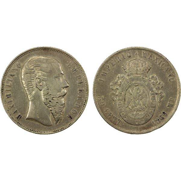 MEXICO: Maximiliano, 1864-1867, AR 50 centavos, 1866-Mo, VF