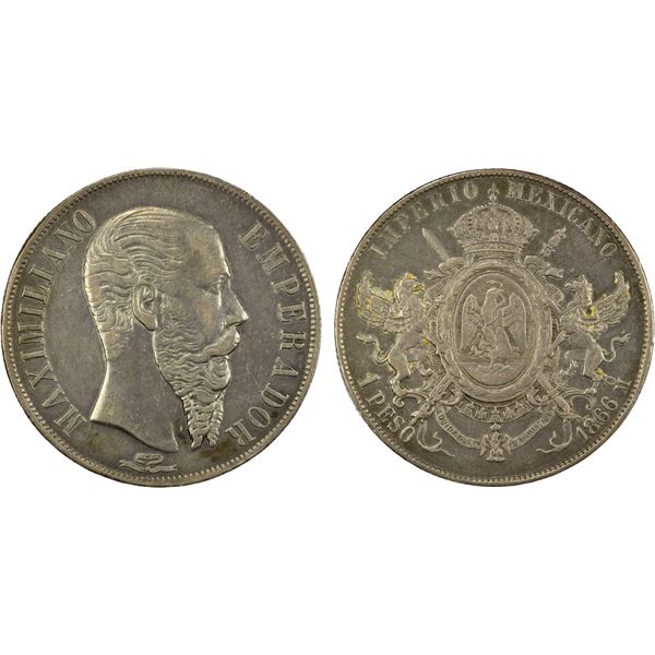 MEXICO: Maximiliano, 1864-1867, AR peso, 1866-Mo, About EF