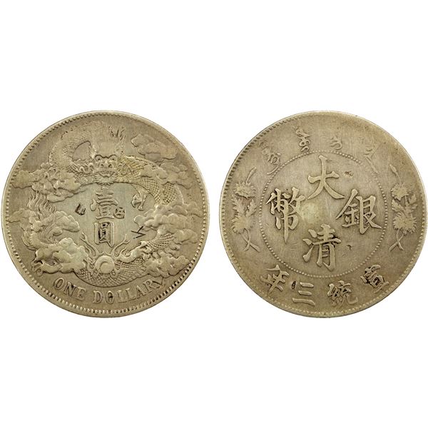 CHINA: Hsuan Tung, 1909-1911, AR dollar, year 3 (1911), VF-EF
