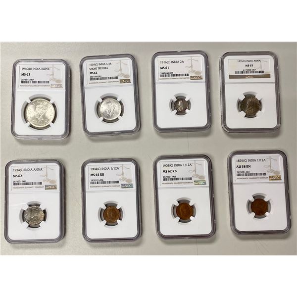 BRITISH INDIA: LOT of 8 slabbed coins