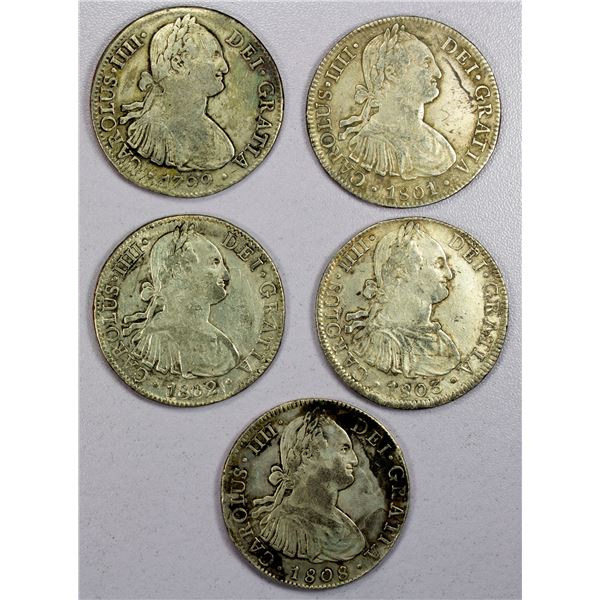 MEXICO: Carlos IV, 1788-1808, LOT of 5 AR 8 reales