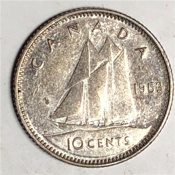 Canadian .10 Cent Dime 1953 SF AU