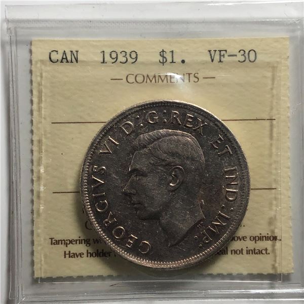 1939 King George VI Canadian Silver Dollar ICCS-VF-30