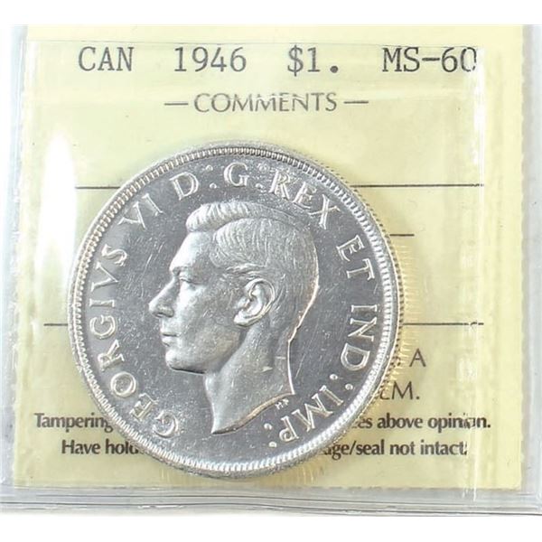 1946 King George VI Canadian Silver Dollar ICCS-MS60 BLAST WHITE