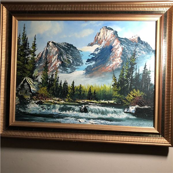 Rocky Mountain Cabin By The Stream Oil Painting