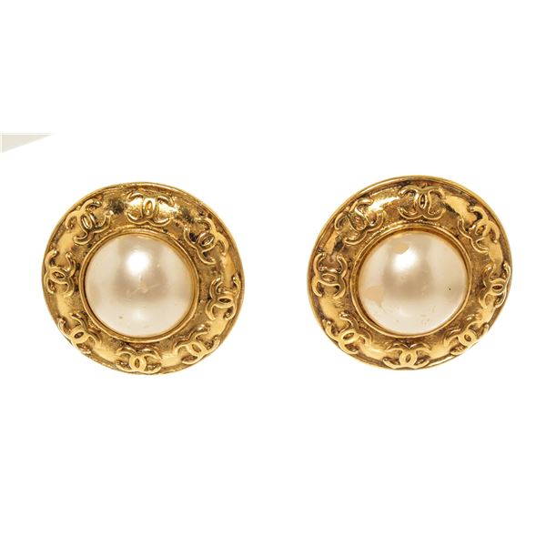 Chanel Gold CC Large Pearl Earrings