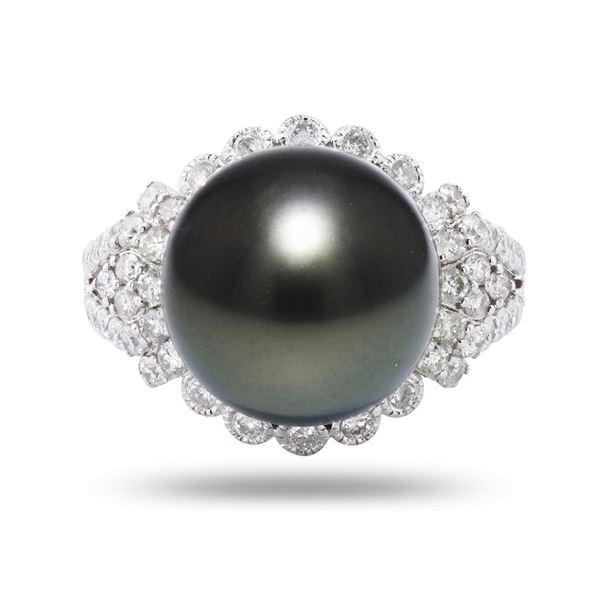 13mm Tahitian Pearl and 1.01 ctw Diamond 18K White Gold Ring