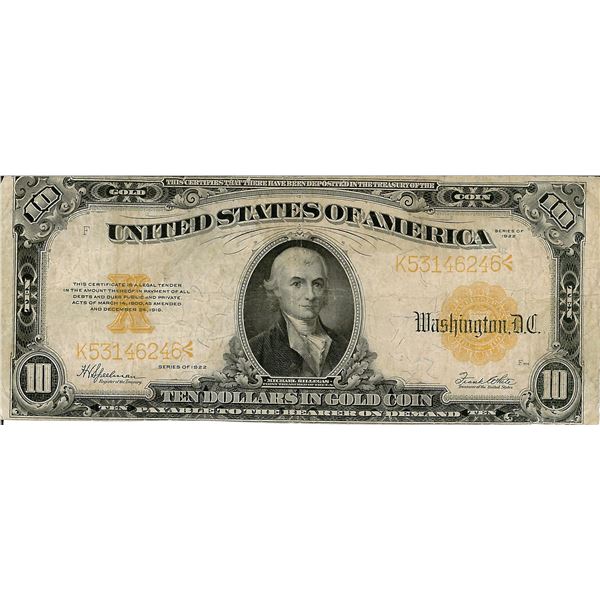 1922 $10 Gold Certificate Bank Note