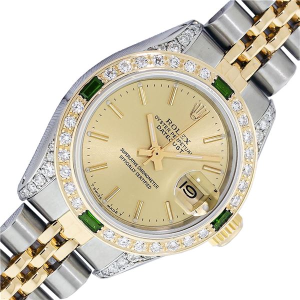 Rolex Ladies 2T Quickset Champagne Dial Diamond Lugs & Emerald Bezel Datejust