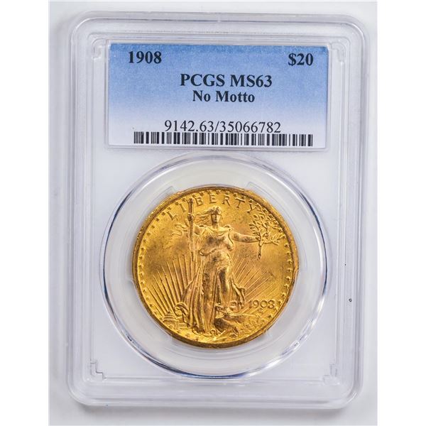 1908 $20 No Motto Double Eagle Gold Coin PCGS MS63