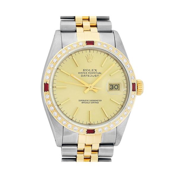 Rolex Mens 2T Champagne Index Dial 18K Yellow Gold Diamond And Ruby Bezel Dateju