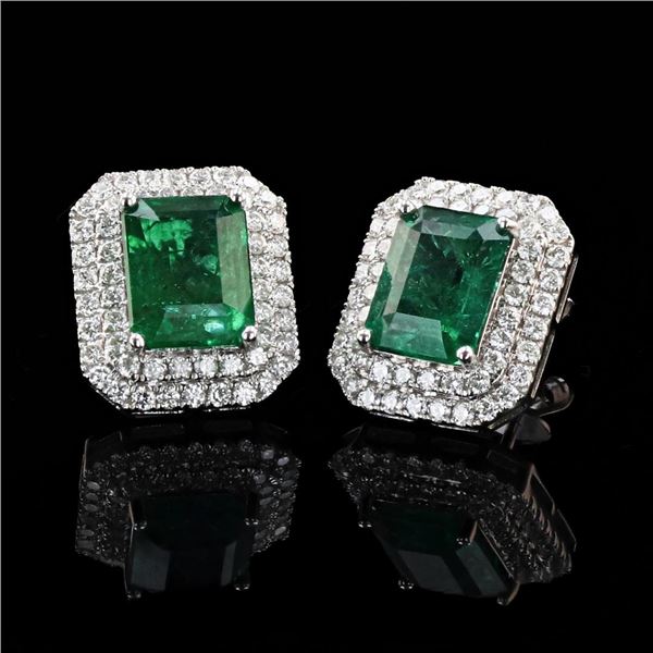 4.44 ctw Emerald and 1.04 ctw Diamond 18K White Gold Earrings