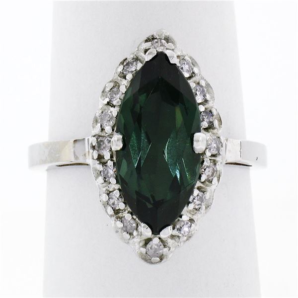 Vintage 14K White Gold 2.72 ctw Marquise Cut Green Tourmaline & Diamond Halo Rin