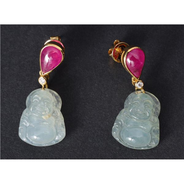 18K Yellow Gold Ice Jadeite, Ruby & Diamond Earrings by Carlo Rici