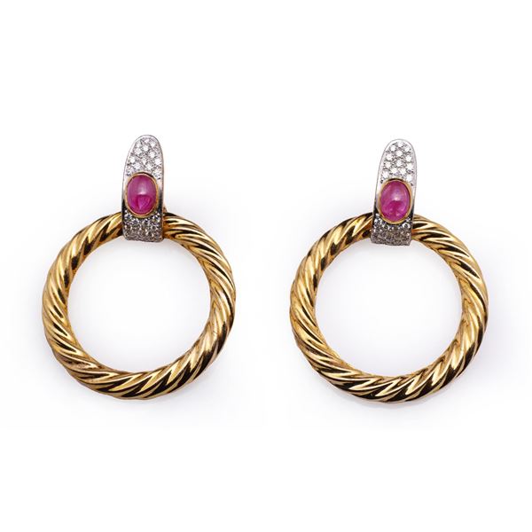 A Fine & Large Pair of 18K Yellow Gold, Ruby & Diamond Earrings