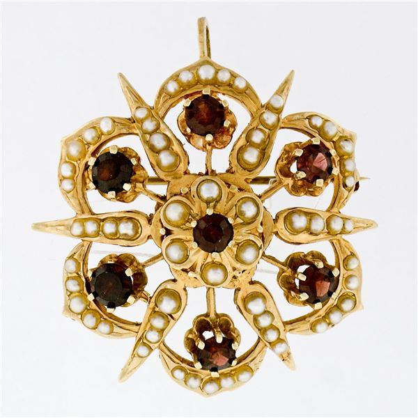 Antique Victorian 14k Gold 1.50 ctw Garnet & Pearl Open Round Brooch Pin Pendant