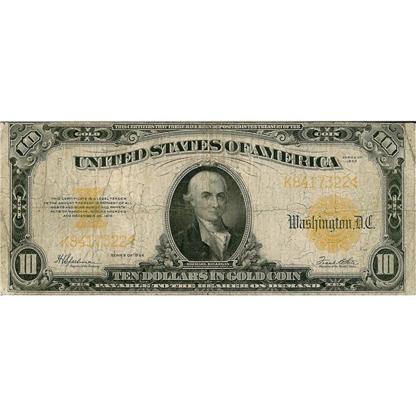 1922 $10 Gold Certificate Bank Note