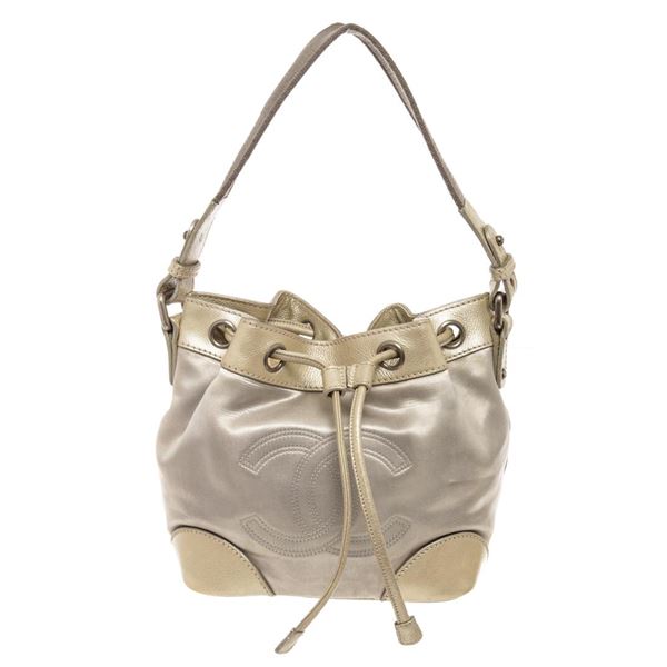 Chanel Drawsting Bucket Bag Silver Satin/Leather