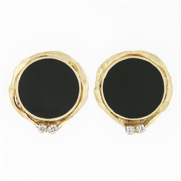 Large Vintage 14k & 22k Gold Bezel Black Onyx Diamond Earrings w/ Hammered Frame