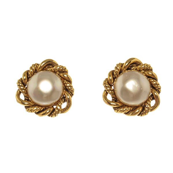 Chanel Gold Round Pearl Chain Earrings