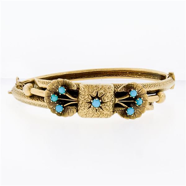 Vintage Etruscan Revival 14K Gold Persian Turquoise Textured Bow Bangle Bracelet