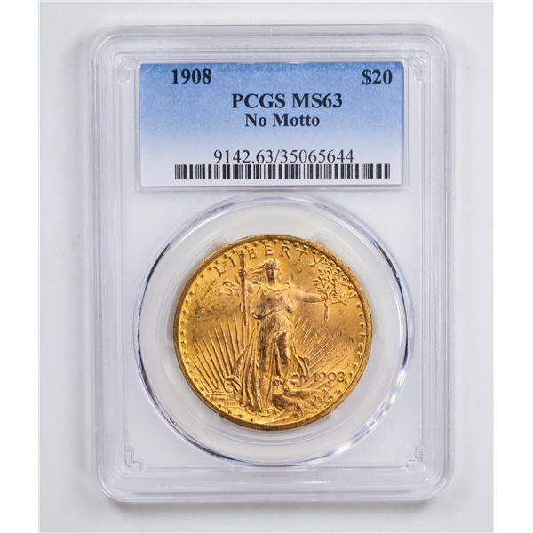 1908 $20 No Motto Double Eagle Gold Coin PCGS MS63