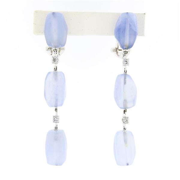 Antonini 18K White Gold Chalcedony Bead Round Diamond Long Drop Dangle Earrings